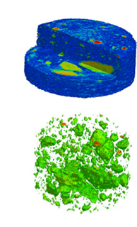 Section of XMT scanned aspirin tablet (top) and simulated dissolution (bottom)